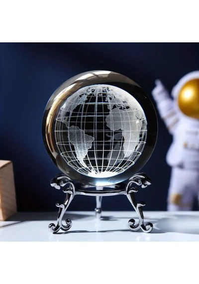 Dekoratif Metal Ayaklı 3d Lazer Kazımalı Kristal Dünya Küresi