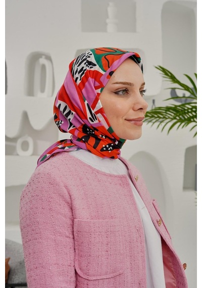 Afvente Yaprak Desen Pembe Soft Pamuk Eşarp
