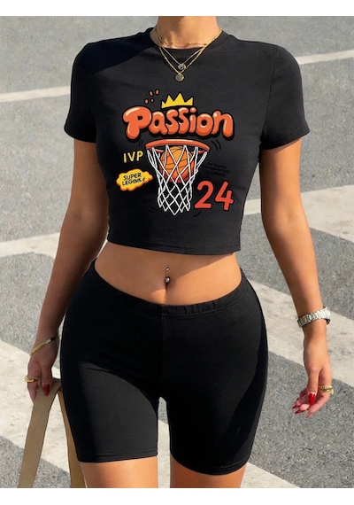 Tarzsokak Yaz Basketbol Tutkusu 24 Jersey Baskılı Kırpma T-shirt Şort Kadın İki Adet Set Üstleri Pantol Siyah