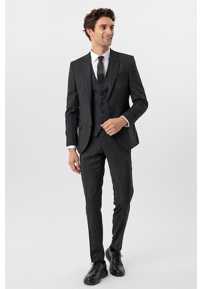 Süvari Siyah Slim Fit Desenli Mono Yaka 6 Drop Yelekli Klasik Takım Elbise-35634 Siyah