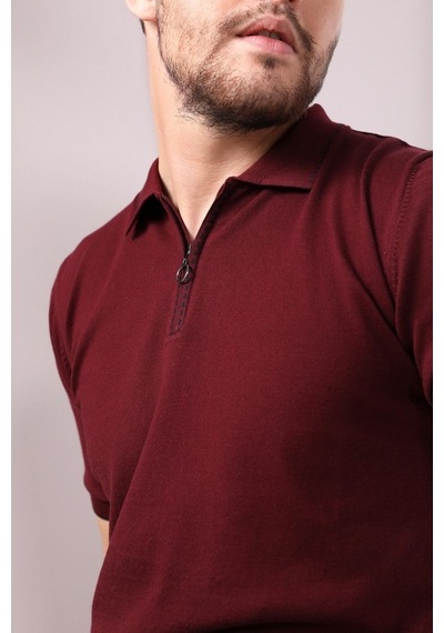 Ferraro Bordo Polo Yaka Fermuarlı Erkek Pamuk Triko T-Shirt-Bordo (417942847) Bordo