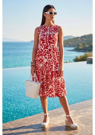 Lela Desenli Regular Fit Kolsuz Bayan Elbise 5865731 Bordo