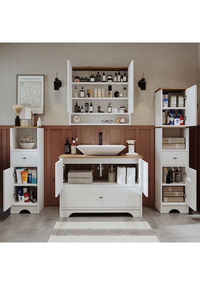 Lavabolu 100Cm Çekmeceli Banyo Dlp + Aynalı Dlp + 2 Adet Boy Dlp Beyaz - Atlantik Çam