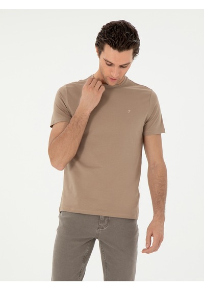 Vizon Slim Fit Bisiklet Yaka Merserize Basic T-shirt Kahverengi