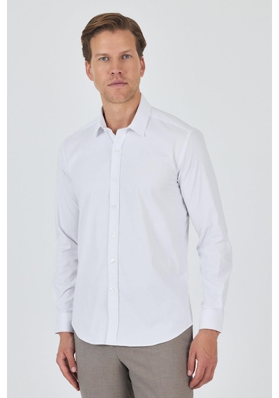 İmza Uzun Kol Düz Bez Ayağı Sert Yaka Cepsiz Pamuklu Classic Slim Fit Gömlek 1004250195 Beyaz