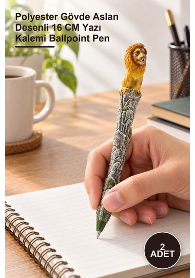2 Adet Tükenmez Kalem Polyester Gövde Aslan Desenli 16 Cm Yazı Kalemi Ballpoint Pen -