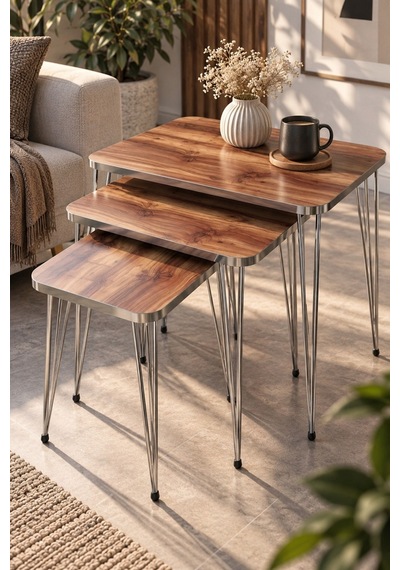 Sulorahome Zigon Sehpa Takımı Ceviz Desenli Kahverengi Ve Gümüş Metal Ayaklı