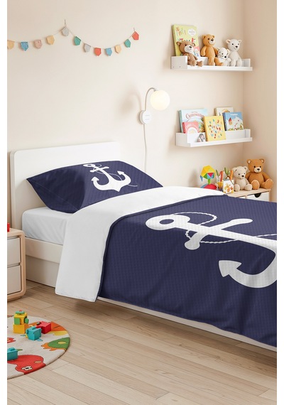 Lacivert Marine Çapa Genç Odası Tek Kişilik Pike Takımı - Nautical 160x220 Cm Kapitone Yatak Örtüsü Eski Doku Katmanı