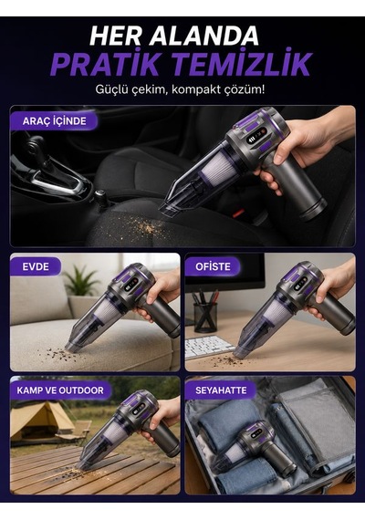 22000pa 6000mah Araç Süpürgesi Dijital Göstergeli Güçlü Vakum Hava Üfleme Kablosuz Temizlik Gri