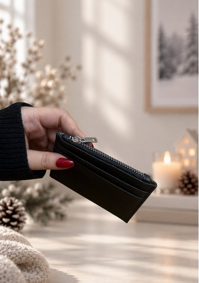 Elpida Bags Kabartma Dokulu Fermuarlı Siyah Deri Kartlık SİYAH