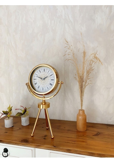 Gold Metal Mini Tripod Çini Desenli Roma Rakamı Masa Saati 45 26 Cm 07 Beyaz