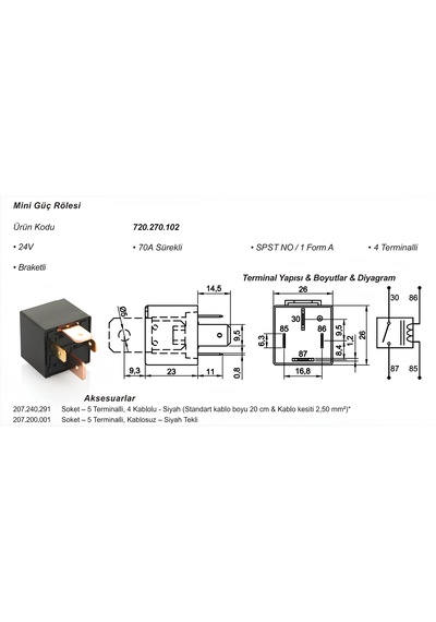 Yüksek Amperli Mini Güç Rölesi 24v 70a 4 Terminalli Toz Korumalı