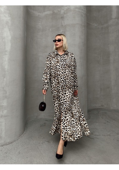 Olcay Leopar Desenli Yandan Yırtmaçlı Oversize Elbise Kahve 9262-e