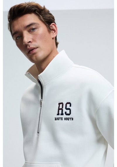 Grimelange PLATA Erkek Yarım Fermuarlı Kanguru Cepli Etek Ve Kolda Triko Detay Relaxed Fit Ekru Sweatshirt