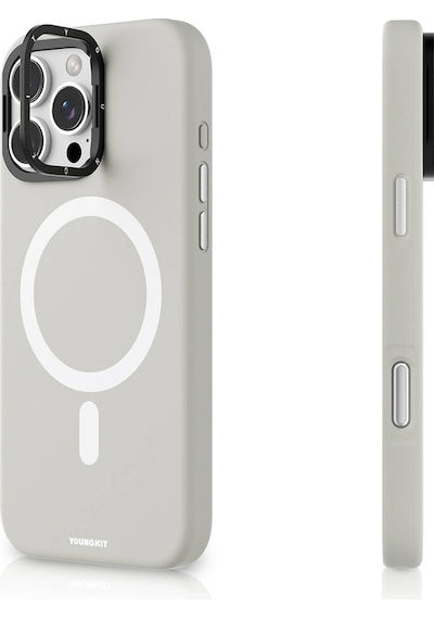 Apple iPhone 16 Pro Max Kılıf Kamera Standlı Magsafe Şarj Özellikli Youngkit Bitty Cream Kapak Gri