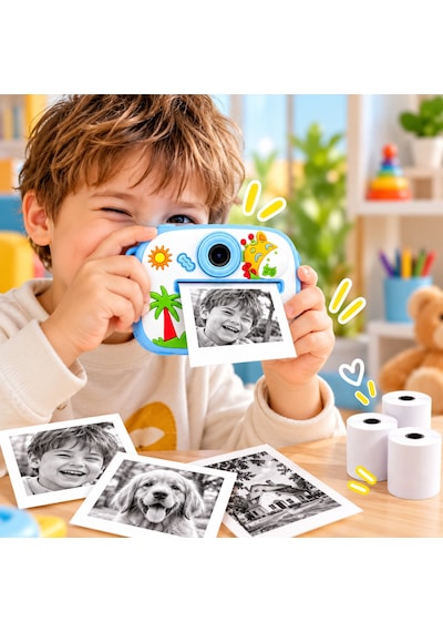 BLUE-3 Anında Baskılı Çocuk Fotoğraf Makinesi ,5 Fonksiyonlu, Video Özellikli Zürafa Desenli Kamera-1801