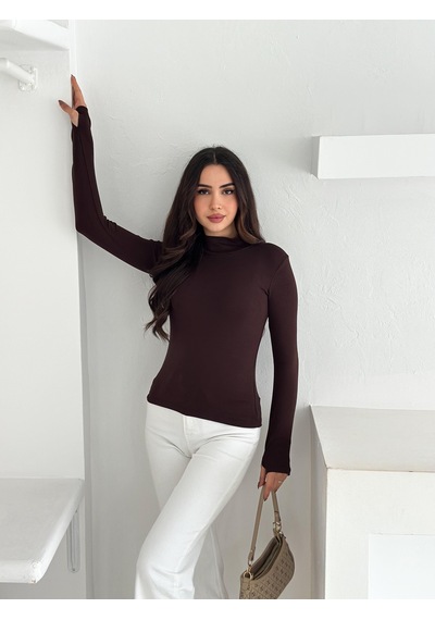 Kadın Yarım Balıkçı Yaka Parmak Geçmeli Full Likralı Buzz Body Kahverengi