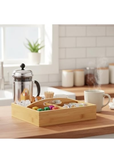 Ayrex Bambu Çok Gözlü Sunum Ve Düzenleme Kutusu / 22x22 Cm / Çok Bölmeli Servis Ve Organizer / Çay Kahve İkr Diğer