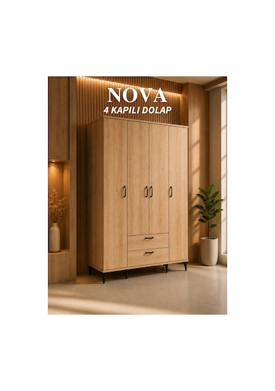 Nova 4 Kapılı 2 Çekmeceli Dolap, Gardrop Meşe