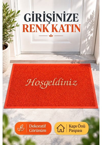 Kırmızı 40x60 Cm Hoşgeldiniz Yazılı Kapı Önü Paspası Kıvırcık Dokulu Altın Yazılı Dekoratif Ev Paspası
