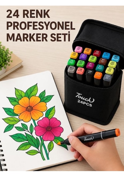 24 Lü Çift Uçlu Renkli Marker Boya Kalem Seti Profesyonel Çizim