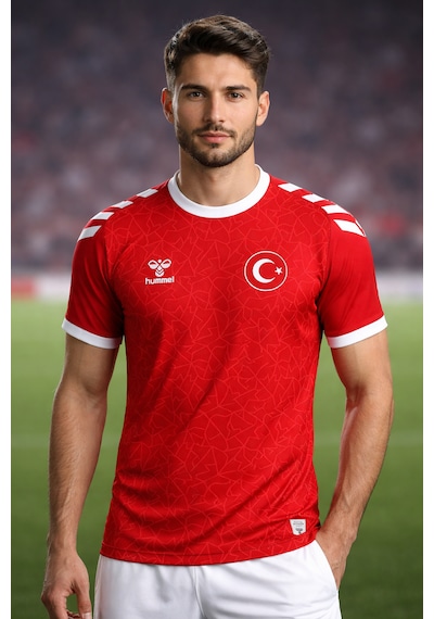 Hummel Milli Takım T-shirt Kişiye Özel Baskılı Silikon Türk Bayrağı Armalı Kırmızı - Beyaz