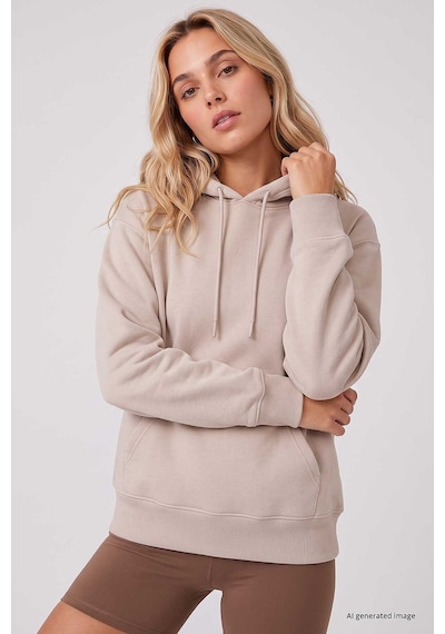 TOMMYLIFE Bej Standart Kapüşonlu Kanguru Cepli Basic Kadın Sweatshirt - 97321