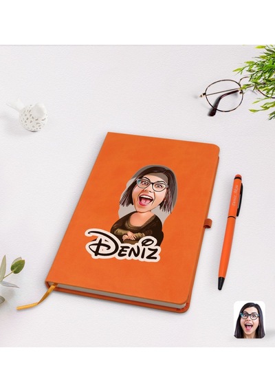 Kişiye Özel Mona Lisa Karikatürlü Turuncu Termo Deri Defter Kalem