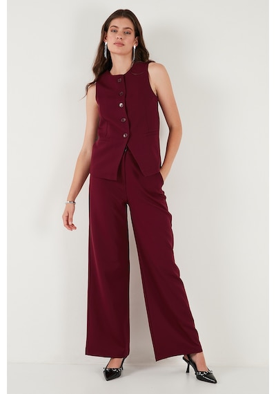 Lela Wide Leg Orta Yüksek Bel Bol Paça Kumaş Bayan Pantolon 6522974 Bordo