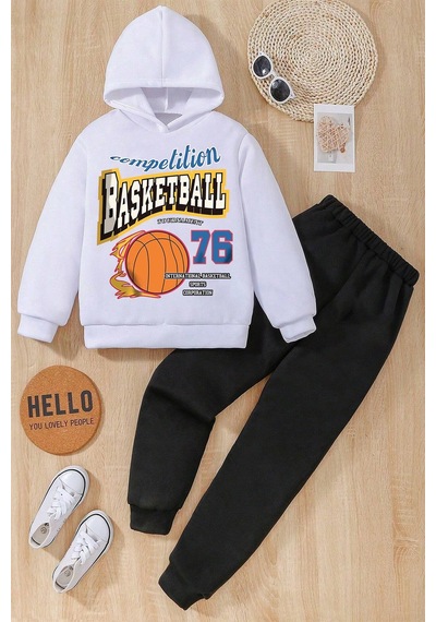 Uyguntarz Unisex Basketball Baskılı Çocuk Rahat Eşofman Takımı Beyaz