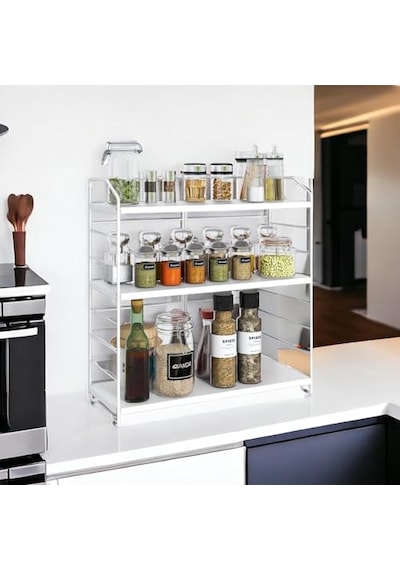 Ayarlanabilir Raflı 40cm Baharatlık, Organizer, Düzenleyizi Tezgahüstü Banyo, Mutfak, Ofis Model-1 Beyaz Çok Renkli