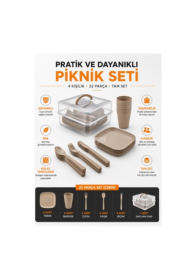 22 Parça Piknik Seti 4 Kişilik Taşınabilir Plastik Yemek Seti Saklama Kutulu Kamp & Piknik Seti Bej