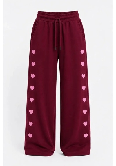 DefyModa Osy Modal Yumuşak Dokulu Nakışlı Cepli Oversize Bol Paça Eşofman Altı - Bordo