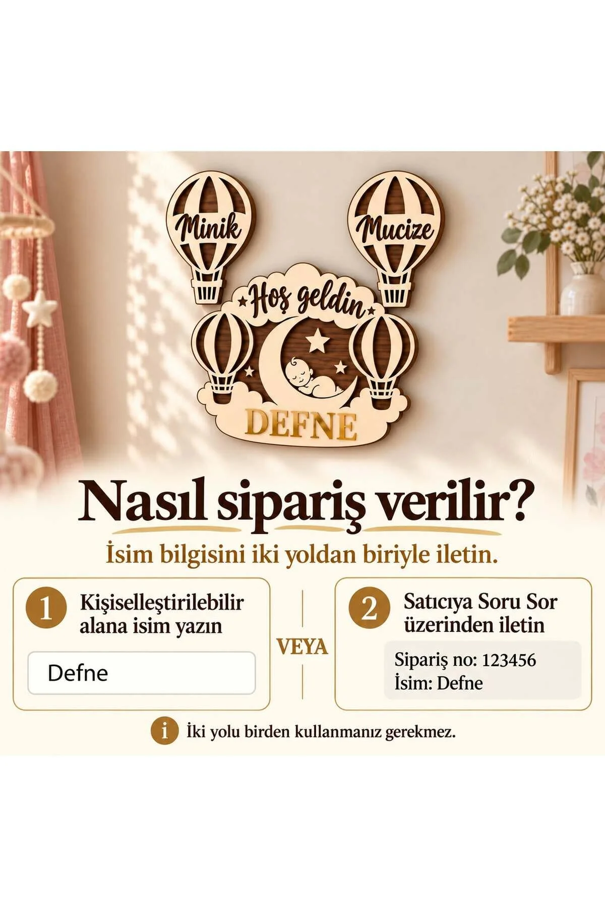 Kişiye Özel Bebek Odası Duvar Süsü 3 Parça, Ay Bebekli Gold Pleksi İsimlik Krem Kahverengı