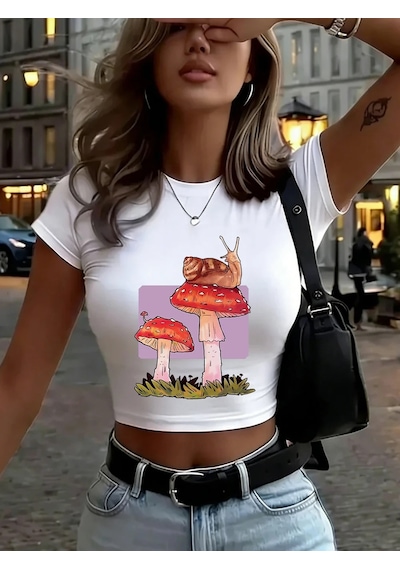Tarzsokak Salyangoz Mantar Baskı Bayan Babby Teet-shirt Yaz Yumuşak Yüksek Elastik Üstler O-boyun Kısa Koll Beyaz