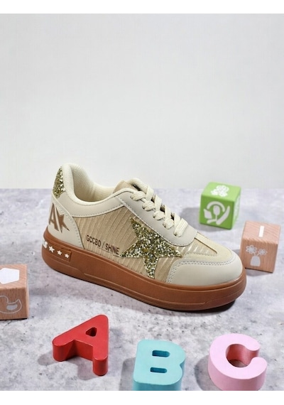 Nstil Kız Çocuk Simli Yıldız Detaylı Sneaker Bağcıklı Günlük Spor Ayakkabı 5006 Bej