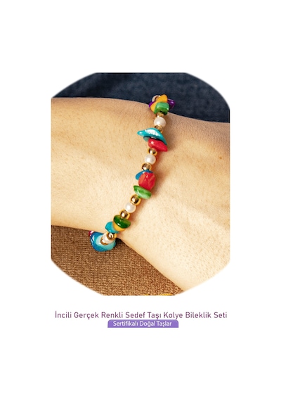 Sertifikalı İncili Multicolor Renkli Sedef Taşlı Doğal Taş Kolye Çok Renkli