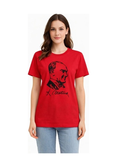 Kadın Atatürk Baskılı Tişört Kısa Kollu Bisiklet Yaka T-shirt - Kırmızı