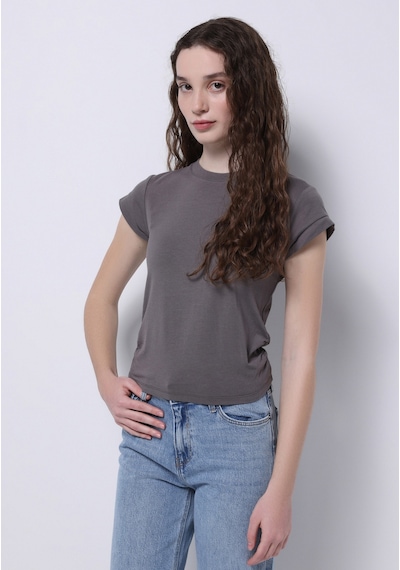 Colins Slim Fit Yuvarlak Yaka Düz Kadın Gri Kısa Kol Tişört Cl1074571 Q1.v2 Dgr Koyu Gri