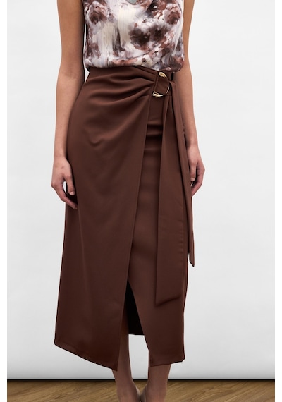 Sateen Aksesuar Kuşaklı Yırtmaçlı Etek - Kahve-136887 Kahve