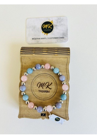 Mk Tasarım Gerçek Mavi Mor Pembe Kuvars Taşı Bileklik Mk.016.008 Çok Renkli
