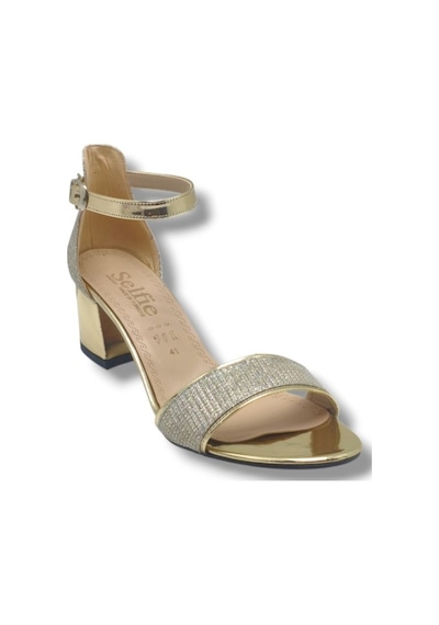 Selfie 4270-26 Simli Rugan Tek Bant Orta Topuk Büyük Numara Fashion Kadın Sandalet 5,5cm 41-43 Altın