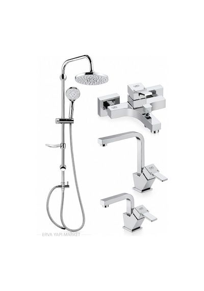 Tulio Banyo Bataryası Kuğu Lavabo Mutfak Evye Bataryası Dst19-2 Yağmur Duş Sistemi 4'lü Krom Set
