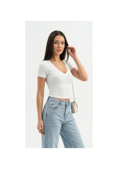 Dıanna Kadın Beyaz V Yaka Basic T-shirt Günlük Esnek Kumaş Kısa Kollu T-shirt