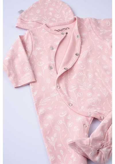 Boumini Bebek Patikli Tulum Şapka Set Bahar Çiçekli Pembe-pembe Pembe