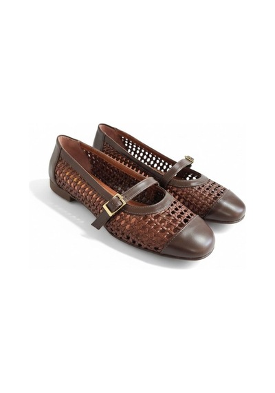 Ne&ve Shoes Kahve Deri Biye Örgü Detaylı Tokalı Kadın Babet Kahverengi