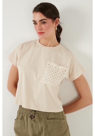 Lela Pamuklu Tek Cepli Regular Fit Bisiklet Yaka Bayan T Shirt 5865818 Taş