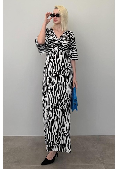 Madmext Siyah Zebra Desenli V Yaka Yarım Kollu Elbise Mg2394 Siyah