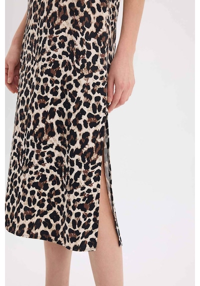 Defacto - Leopar Desenli Yuvarlak Yaka Saten Kolsuz Midi Abiye Elbise D7593AX24AU Siyah