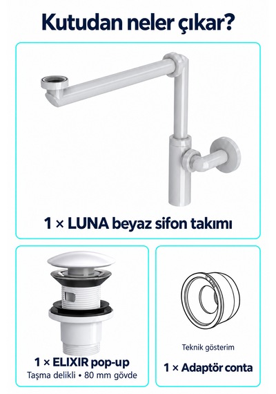 İz Yapı Luna Beyaz Alan Tasarruflu Sifon Seti Elixir Pop-up Taşma Delikli Lavabo Sifonu